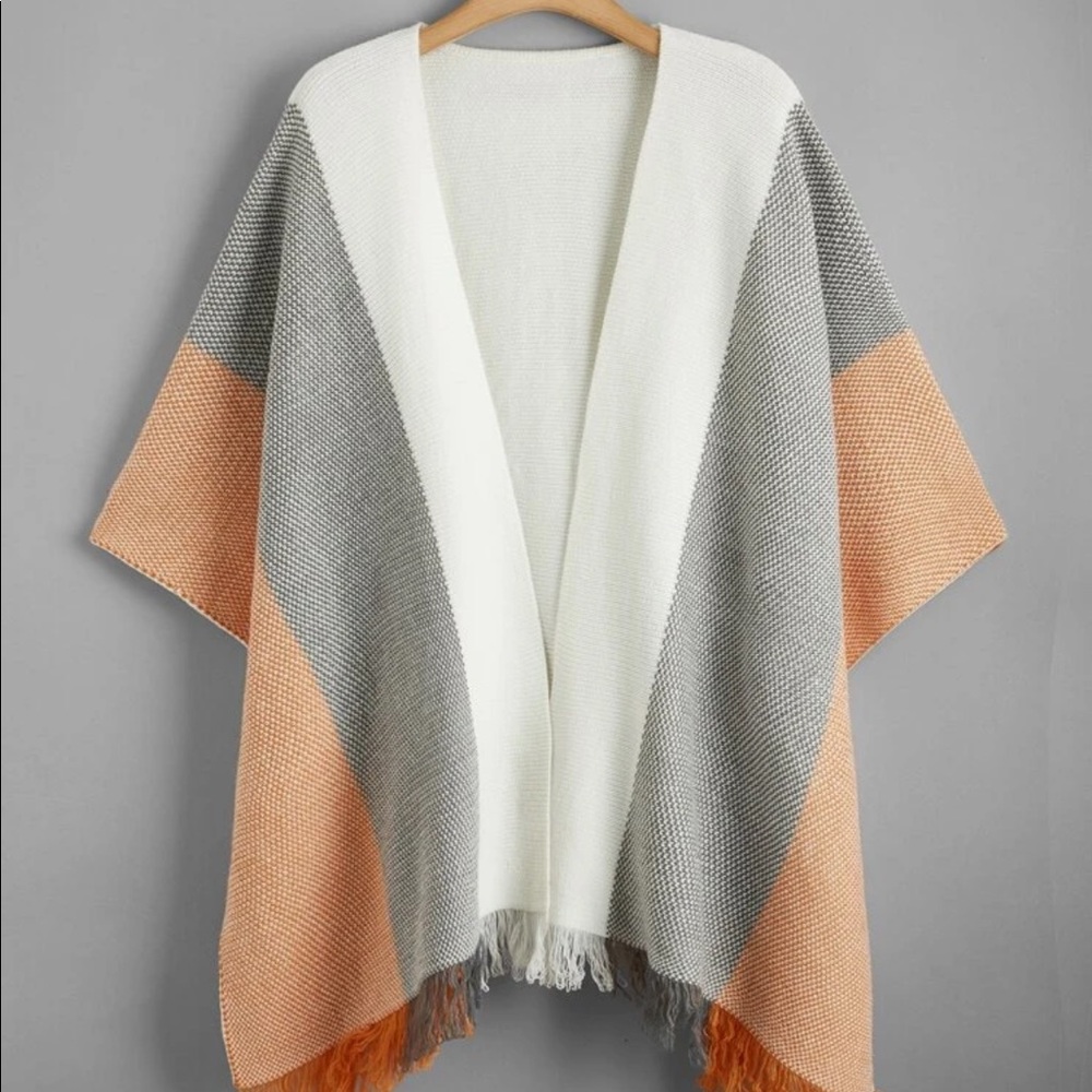 Colorblock Cozy Fringe Trim Cardigan Poncho